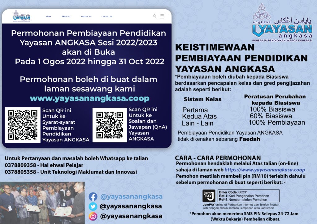 Pembiayaan Pendidikan Yayasan ANGKASA Pengambilan 2022/2023 kini di Buka